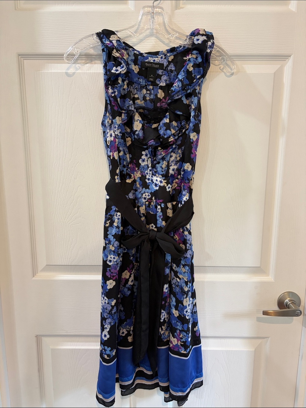White House Black Market Black Floral Midi Dress with Blue & Purple Accents